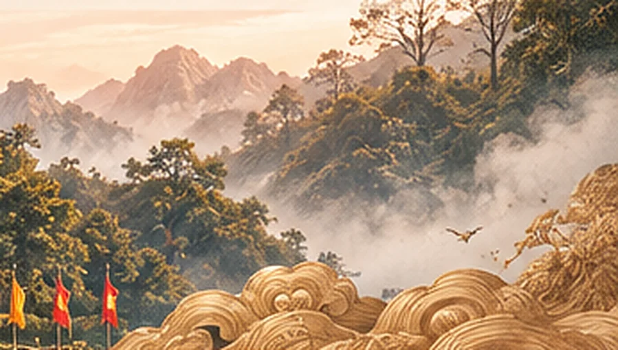 Họa tiết mây vàng và núi rừng